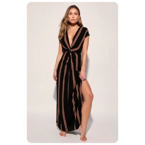 * Lulus Coastal Grooves Black and Brown Striped Swim Cover-up Dress sz M
